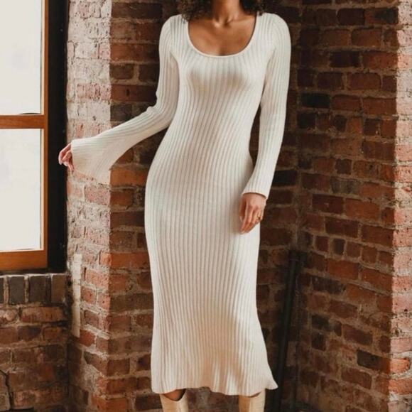 12th Tribe Dresses & Skirts - NWOT 12th Tribe Gwyneth Ribbed Open Back Sweater Midi Dress White Cream Small